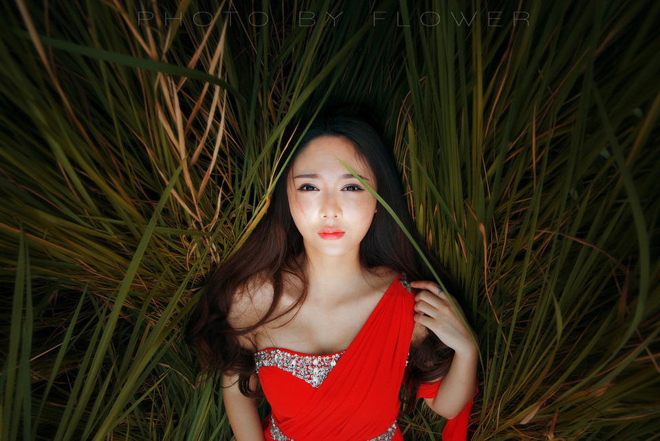 草地上红裙亮眼美女  第3张