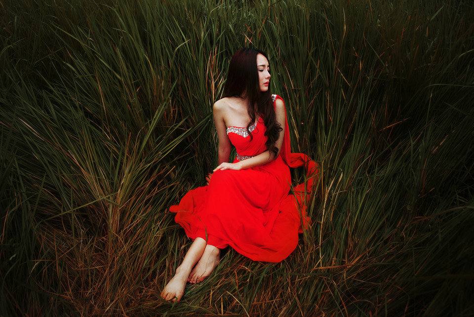 草地上红裙亮眼美女  第12张