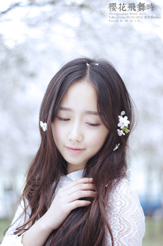 樱花飞舞下长发美女清纯图  第5张