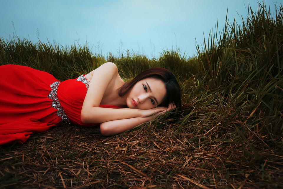 草地上红裙亮眼美女  第10张