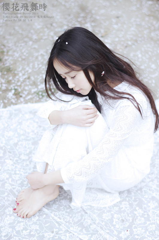 樱花飞舞下长发美女清纯图  第6张